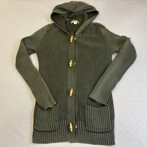 Ruff Hewn Olive Green Cotton Knit Hooded Cardigan Sweater Toggle Buttons Mens M